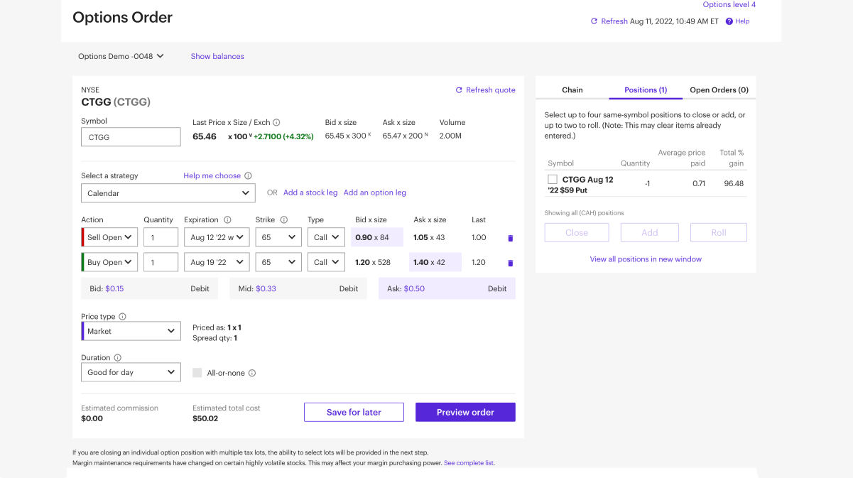 options order ticket