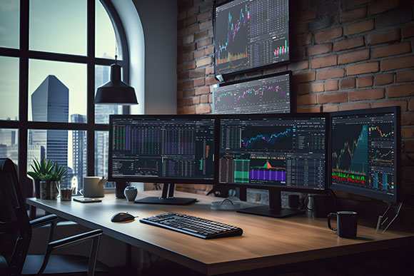 3 large trading monitors with the Power E*TRADE Pro trading desktop app
