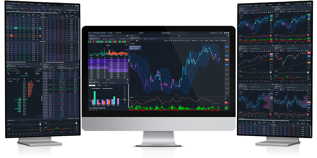 Power E*TRADE Pro trading platform desktop app on three large trading monitors
