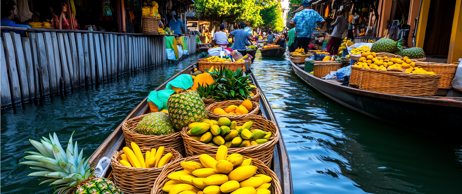 Fruits on a boat in a market. 