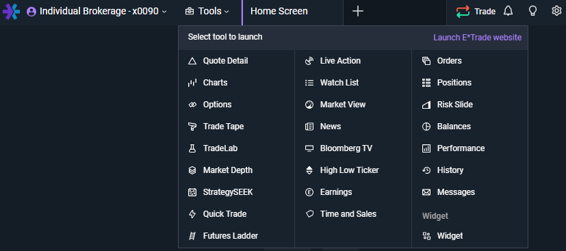 Screengrab of Workspaces on Power ETRADE Pro