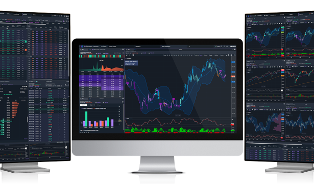 Power E*TRADE Pro desktop app displayed on 3 trading monitors