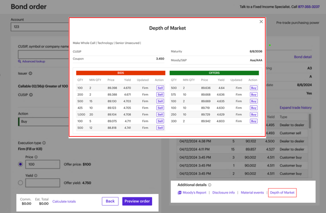 Snapshot of depth of market