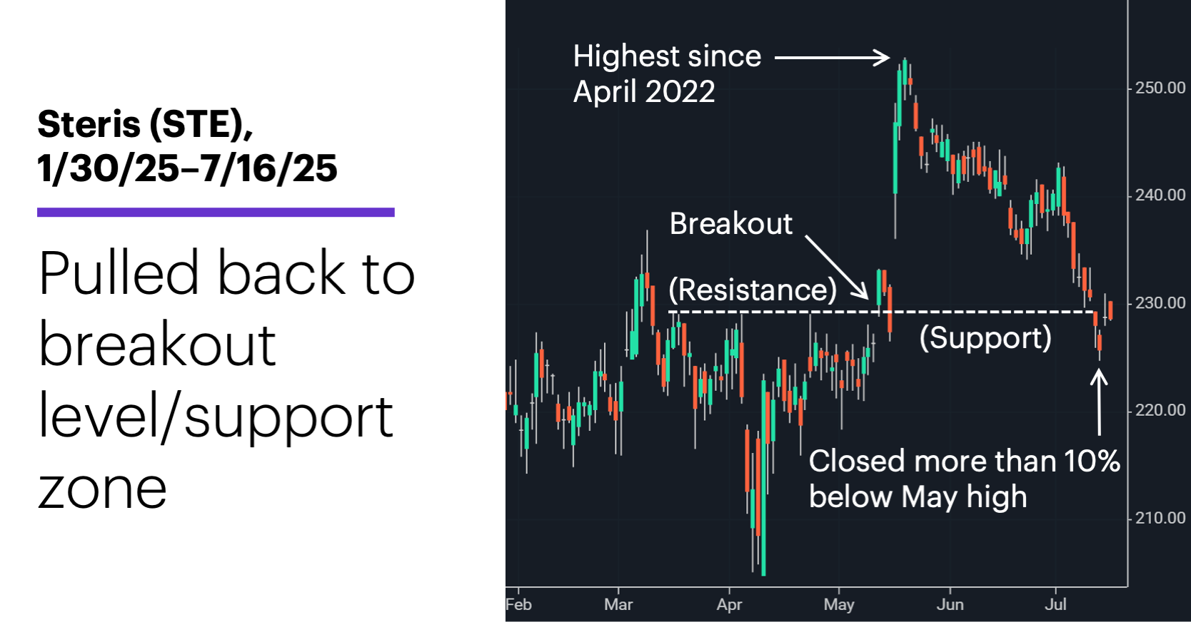 Chart 1: Steris (STE), 1/28/25–7/16/25. Steris (STE) price chart. Pulled back to breakout level/support zone.