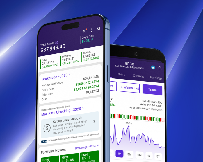 E*TRADE mobile trading app showing advanced charting and trading tools plus the home screen with a brokerage account and a high-yield savings account