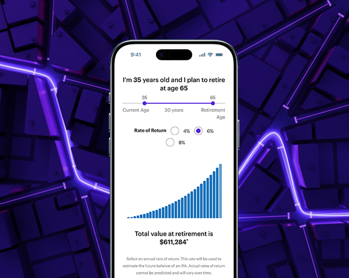 E*TRADE Retirement calculator slider tool showing the rate of return, the selected retirement age, and the amount of money you'd theoretically have at retirement